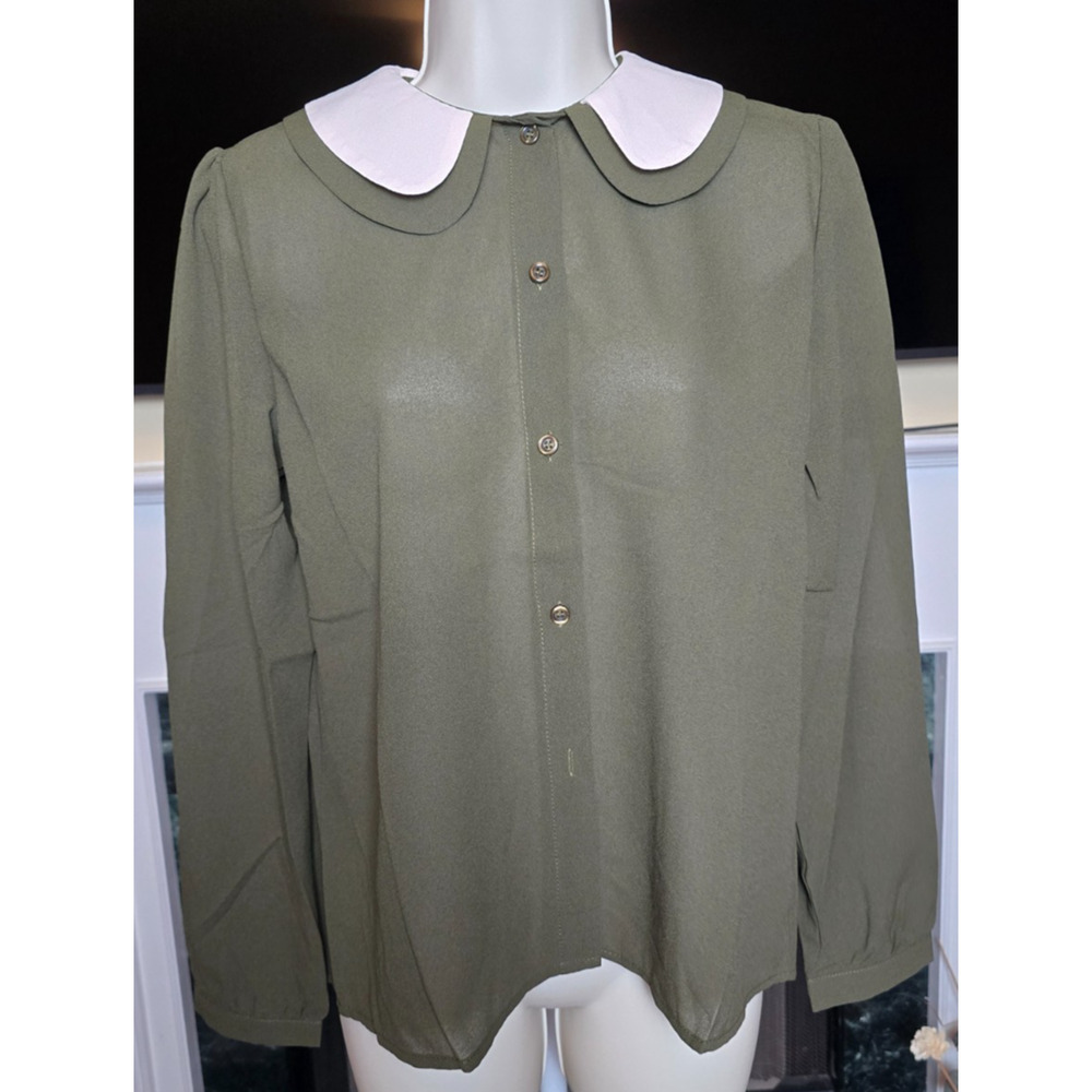 Tulip B Large Army Green Peter Pan Collar Long Sleeve Blouse - Picture 2 of 6